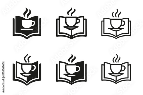 Bookish Emblem Variations. Bookish ambiance. Icon set. Set Logo of bookish ambiance: Open book with steaming cup. harmonious logo variations of the same