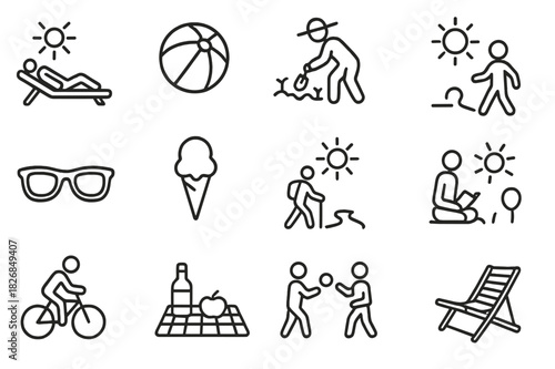Sunny Activities Icons. Sunny activities. Line icon set of sunny activities: sunbathing, beach ball, gardening, sunglasses, ice cream, walking in sun, hiking
