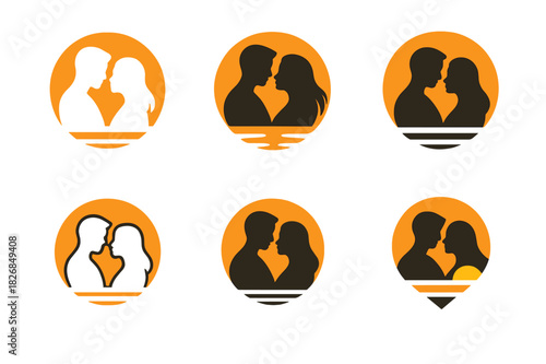 Romantic Logo Set. Romantic spontaneity in long-term relationships. Icon set. Set Logo of romantic spontaneity in long-term relationships: sunset scene with