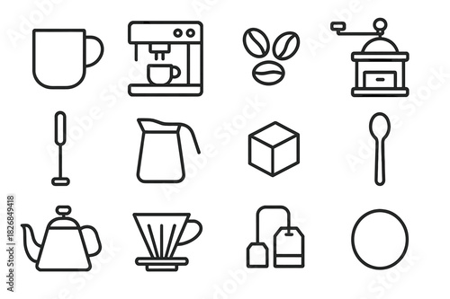 Coffee Icon Set. Coffee preparation. Line icon set of Coffee preparation: coffee mug, espresso machine, coffee beans, grinder, frother, milk jug, sugar cube,