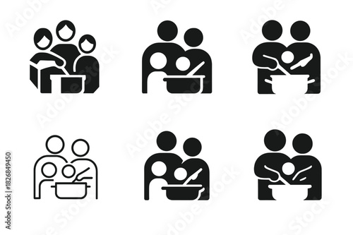 Family Cooking Logos. cooking together as a family. Icon set. Set Logo of cooking together as a family: food sharing gesture. harmonious logo variations of the