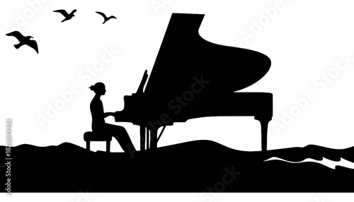 Woman playing piano silhouette art music performance scene