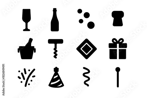 Luxury Celebration Icons. Luxury celebration. Solid icon set of Luxury celebration: champagne flute, bottle, bubbles, cork, ice bucket, wine opener, cocktail