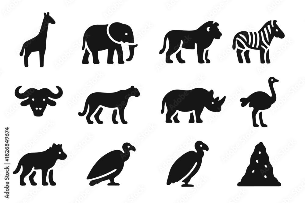 Obraz premium African Wildlife Icons. African wildlife. Solid icon set of African wildlife: giraffe, elephant, lion, zebra, buffalo, cheetah, rhinoceros, ostrich, hyena,