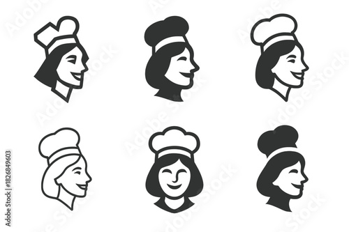Diverse Hostess Logos. Hostess. Icon set. Set Logo of Hostess: profile of a smiling woman. harmonious logo variations of the same emblematic concept, each with