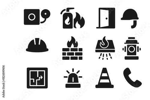 Building Safety Icons. Building safety. Solid icon set of building safety: fire alarm, extinguisher, exit door, helmet, fireproof wall, smoke vent, safety