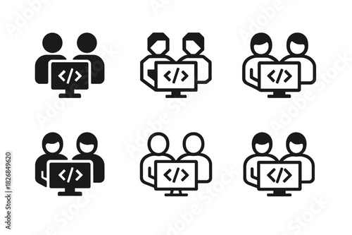 Collaborative Coding Logos. developer coding in a collaborative workspace. Icon set. Set Logo of developer coding in a collaborative workspace: two coders