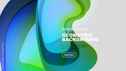 Fluid shapes overlap, creating vibrant color gradients. Design features text, button, dark background. Modern aesthetic.