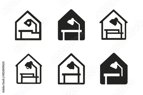 Home Office Logo Variations. Working on a creative project from home. Icon set. Set Logo of working on a creative project from home: Home office setup with