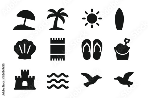 Beach Icon Grid. Beach scene. Solid icon set of Beach scene: sand, umbrella, palm tree, sun, surfboard, seashell, beach towel, flip flops, bucket, sandcastle,