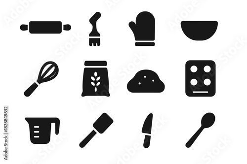 Baking Tools Icons. Baking tools. Solid icon set of Baking tools: rolling pin, pastry brush, oven mitt, mixing bowl, whisk, flour bag, dough, baking tray,