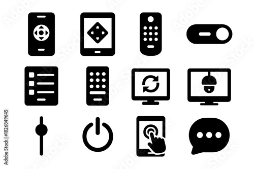 Black Remote Icons. Remote control. Solid icon set of Remote control: smartphone app, tablet screen, remote icon, automation toggle, device list, access code,