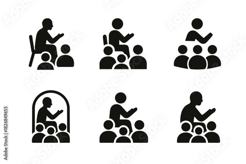 Storytelling Nights Logos. Cultural storytelling nights. Icon set. Set Logo of storytelling nights: audience with attentive posture. harmonious logo variations