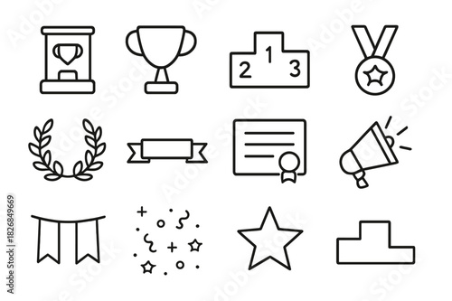 Trophy Icons Showcase. Trophy showcase set. Line icon set of Trophy showcase set: display case, trophy cup, podium, medal, laurel wreath, ribbon, certificate,