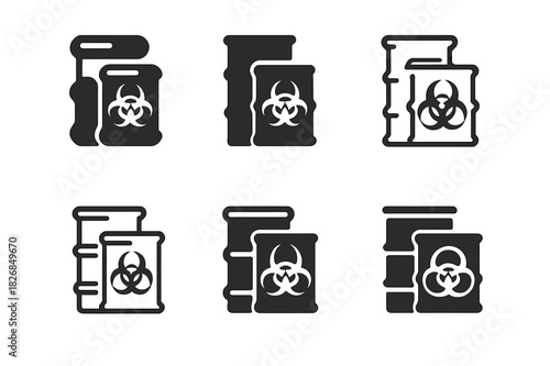 Toxic Waste Icons. toxic waste barrels. Icon set. Set Logo of toxic waste barrels: chemical barrels in hazard zone. harmonious logo variations of the same