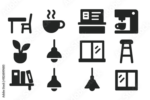Cafe Icon Set. Cafe ambiance. Solid icon set of Cafe ambiance: table, chair, coffee cup, counter, menu board, espresso machine, plant, lamp, window, stool,