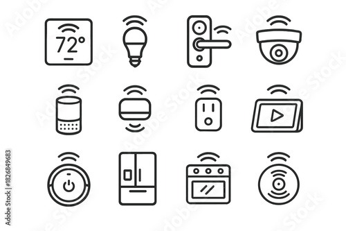 Smart Home Icons. Smart Home Devices. Line icon set of Smart Home Devices: smart thermostat, smart light bulb, smart door lock, security camera, smart speaker,