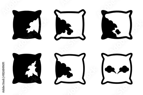 Ragged Pillow Logos. Ragged pillow. Icon set. Set Logo of ragged pillow: pillow with exposed stuffing. harmonious logo variations of the same emblematic