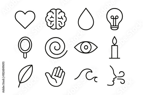 Emotional Insight Icons. Emotional insight. Line icon set of emotional insight: heart, brain, tear, lightbulb, mirror, spiral, eye, candle, leaf, hand, wave,