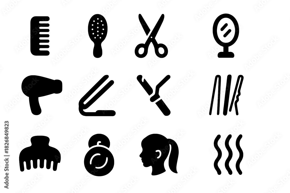 Obraz premium Salon Tools Icons. Salon hair. Solid icon set of Salon hair: comb, hairbrush, scissors, mirror, hair dryer, straightener, curling iron, hairpins, hair clip,