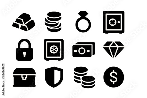 Gold and Valuables Icons. Gold and valuables. Solid icon set of Gold and valuables: gold bars, coins, jewelry, safe, lock, vault, cash stack, diamond, treasure
