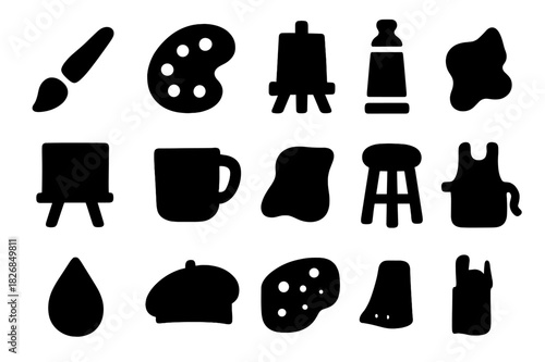 Painting Tools Icon Set. Painting Time. Solid icon set of Painting Time: paintbrush, palette, easel, paint tube, canvas, cup, rag, stool, color drop, beret,