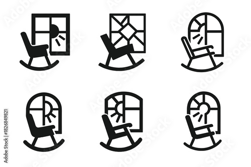 Rocking Chair Logos. Rocking chair by the window. Icon set. Set Logo of rocking chair: rocking chair with sunbeam. harmonious logo variations of the same