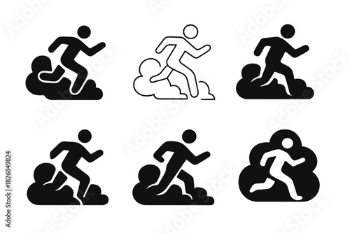 Running Through Smoke Logos. running through smoke. Icon set. Set Logo of running through smoke: athlete in motion. harmonious logo variations of the same
