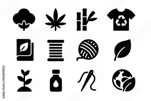 Eco Material Icons. Eco materials. Solid icon set of Eco materials: cotton, hemp, bamboo, recycled textile, organic fabric, thread spool, yarn, leaf symbol,