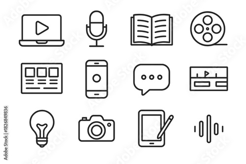 Digital Storytelling Icons. Digital Storytelling. Line icon set of Digital Storytelling: laptop with play button, microphone, open book, film reel, storyboard,