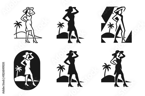 Fashion Iconography Grid. model on location. Icon set. Set Logo of model on location: fashion model pose outdoors. harmonious logo variations of the same