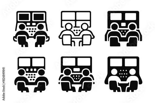 TV Control Room Logos. TV control room and technicians. Icon set. Set Logo of TV control room and technicians: video mixer panel. harmonious logo variations of