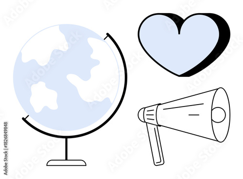 Globe symbolizing worldwide unity, heart for compassion, and megaphone for communication. Ideal for global awareness, charity, advocacy, education, outreach, community and activism as a simple flat