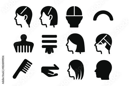 Hair Sectioning Icons. Hair sectioning. Solid icon set of Hair sectioning: top section, side section, back section, parting line, clip icon, guide lines,