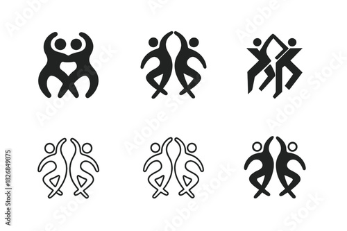 Dance Emblem Variations. Dance group performances and ensembles. Icon set. Set Logo of dance group: mirrored duo dance. harmonious logo variations of the same