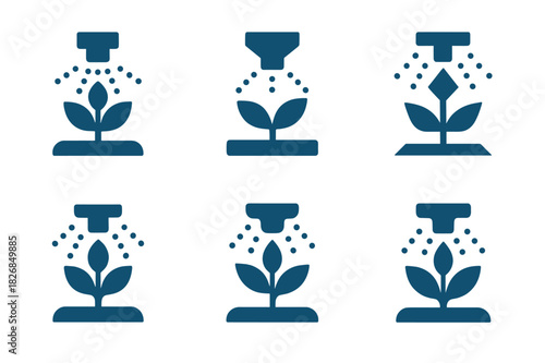 Irrigation System Logos. Water-efficient irrigation systems. Icon set. Set Logo of irrigation: automated sprinkler with plant icon. harmonious logo variations