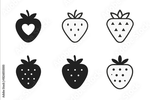 Strawberry Logo Variations. Strawberry. Icon set. Set Logo of strawberry: stylized fruit emblem. harmonious logo variations of the same emblematic concept,