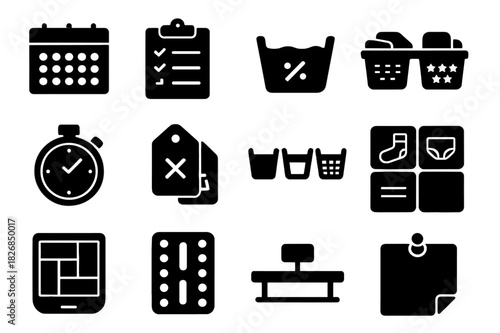 Laundry Icon Organization. Laundry organization. Solid icon set of Laundry organization: weekly chart, laundry schedule, laundry label, sorted bins, laundry