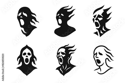 Whispering Spirit Logos. Whispers of torment in the air. Icon set. Set Logo of whispers of torment in the air: tortured spirit silhouette. harmonious logo