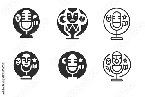 Storytelling Night Icons. Cultural storytelling nights. Icon set. Set Logo of storytelling nights: microphone and cultural symbols. harmonious logo variations