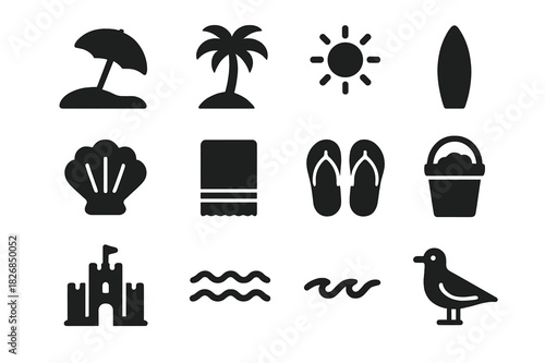 Beach Icon Grid. Beach scene. Solid icon set of Beach scene: sand, umbrella, palm tree, sun, surfboard, seashell, beach towel, flip flops, bucket, sandcastle,