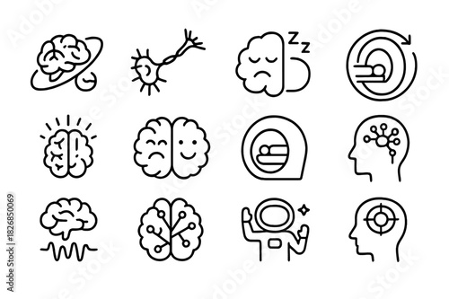 Microgravity Neuroscience Icons. Microgravity neuroscience. Line icon set of microgravity neuroscience: brain in orbit, neural pathway, sleep disruption,