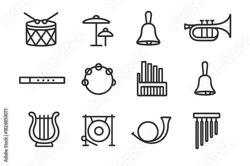 Musical Icons Collection. Musical instruments. Line icon set of musical instruments: drum, cymbals, bell, trumpet, flute, tambourine, organ, handbell, lyre,