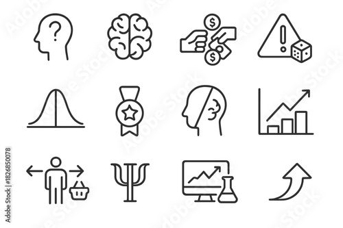 Behavioral Economics Icons. Behavioral Economics. Line icon set of Behavioral Economics: decision making, human brain, money choice, risk icon, probability