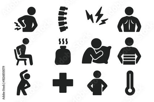 Back Pain Icons. Muscle Strain. Solid icon set of person holding back, muscle, spine, pain lines, back brace, hot pack, chair, pillow, stretching pose, medical