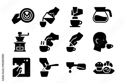 Barista Skill Icons. Barista skills. Solid icon set of barista skills: latte art, frothing milk, tamping espresso, pouring coffee, grinding beans, steaming