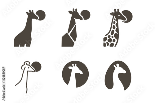 Giraffe Logo Variations. giraffe. Icon set. Set Logo of giraffe: minimalist giraffe face. harmonious logo variations of the same emblematic concept, each with