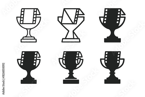 Film Festival Icons. Film festivals. Icon set. Set Logo of film festival: trophy with film strip. harmonious logo variations of the same emblematic concept,