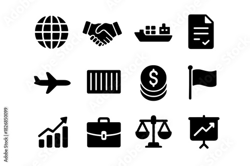 International Trade Icons. International trade agreements. Solid icon set of international trade agreements: globe, handshake, cargo ship, document, airplane,