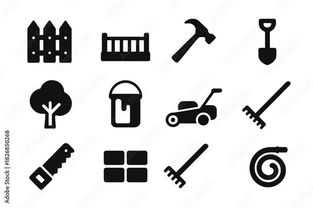 Obraz premium Outdoor Renovation Icons. Outdoor renovation. Solid icon set of outdoor renovation: fence, deck, hammer, shovel, tree, paint bucket, lawn mower, wheelbarrow,